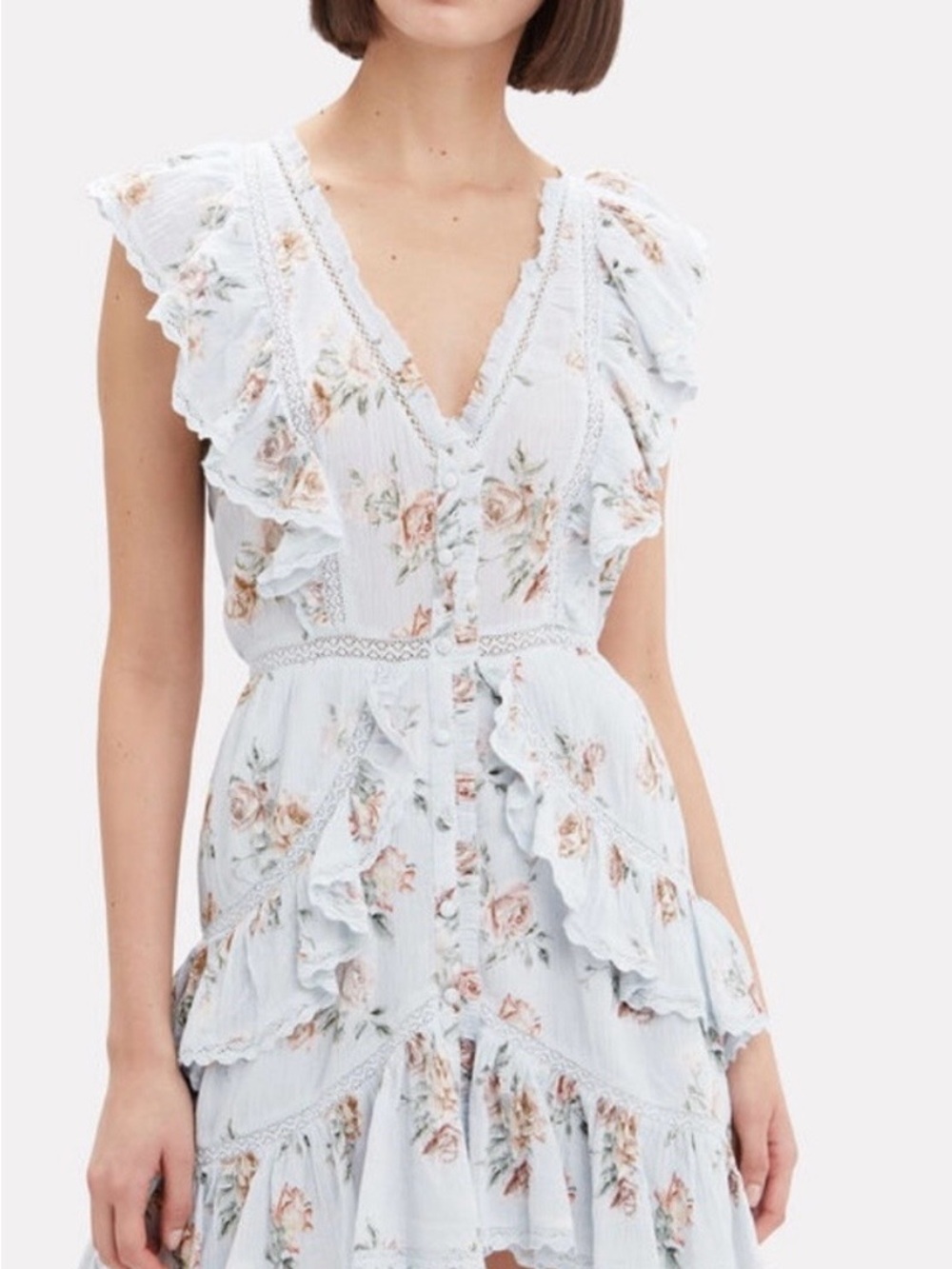 LoveShackFancy Sz M Light Blue Floral Ruffle Midi Dress